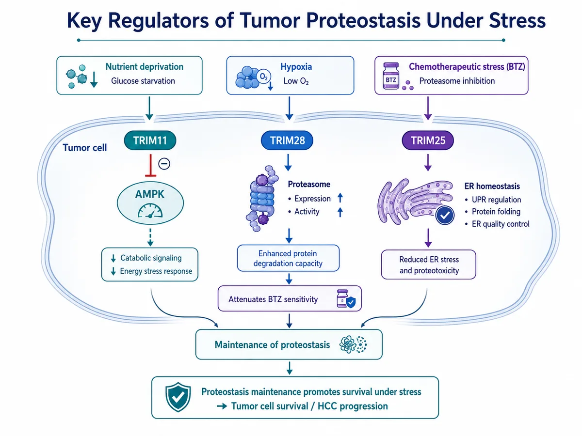 Schematic of TRIM-family regulators controlling tumor proteostasis under stress