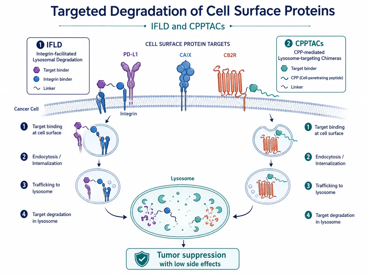 Schematic of targeted degradation of cell surface proteins through IFLD and CPPTACs
